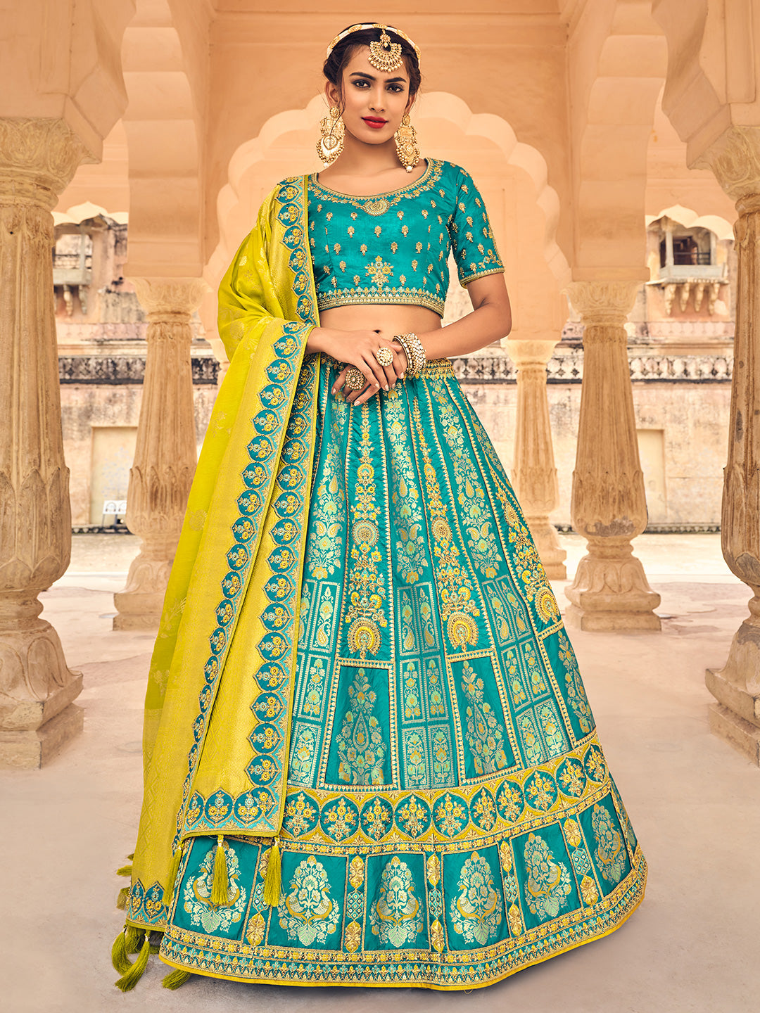 Yellow and Blue color wedding wear Lehenga Choli :: ANOKHI FASHION