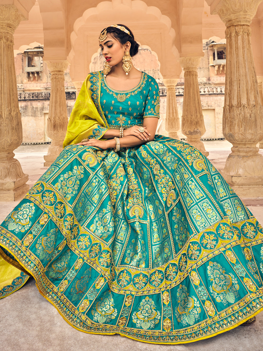 Yellow Lehenga Set With Turquoise Dupatta – Naaz By Noor