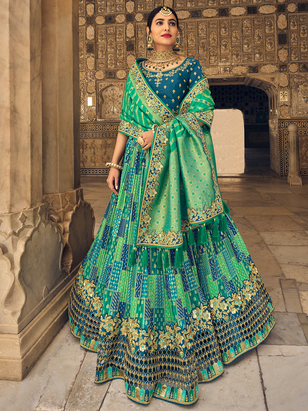 Royal blue pomme panel lehenga with embroidered pear green blouse – Seharre  by Sahithee Reddy