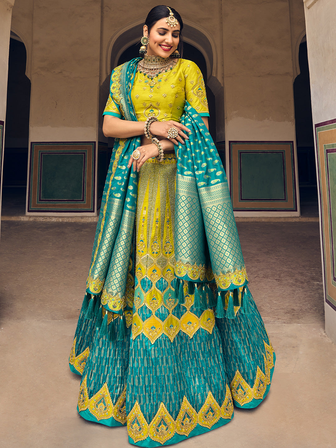 Photo of Sea Blue and Yellow Twirling Lehenga | Lehenga color combinations,  Yellow dress for haldi function, Mehendi outfits