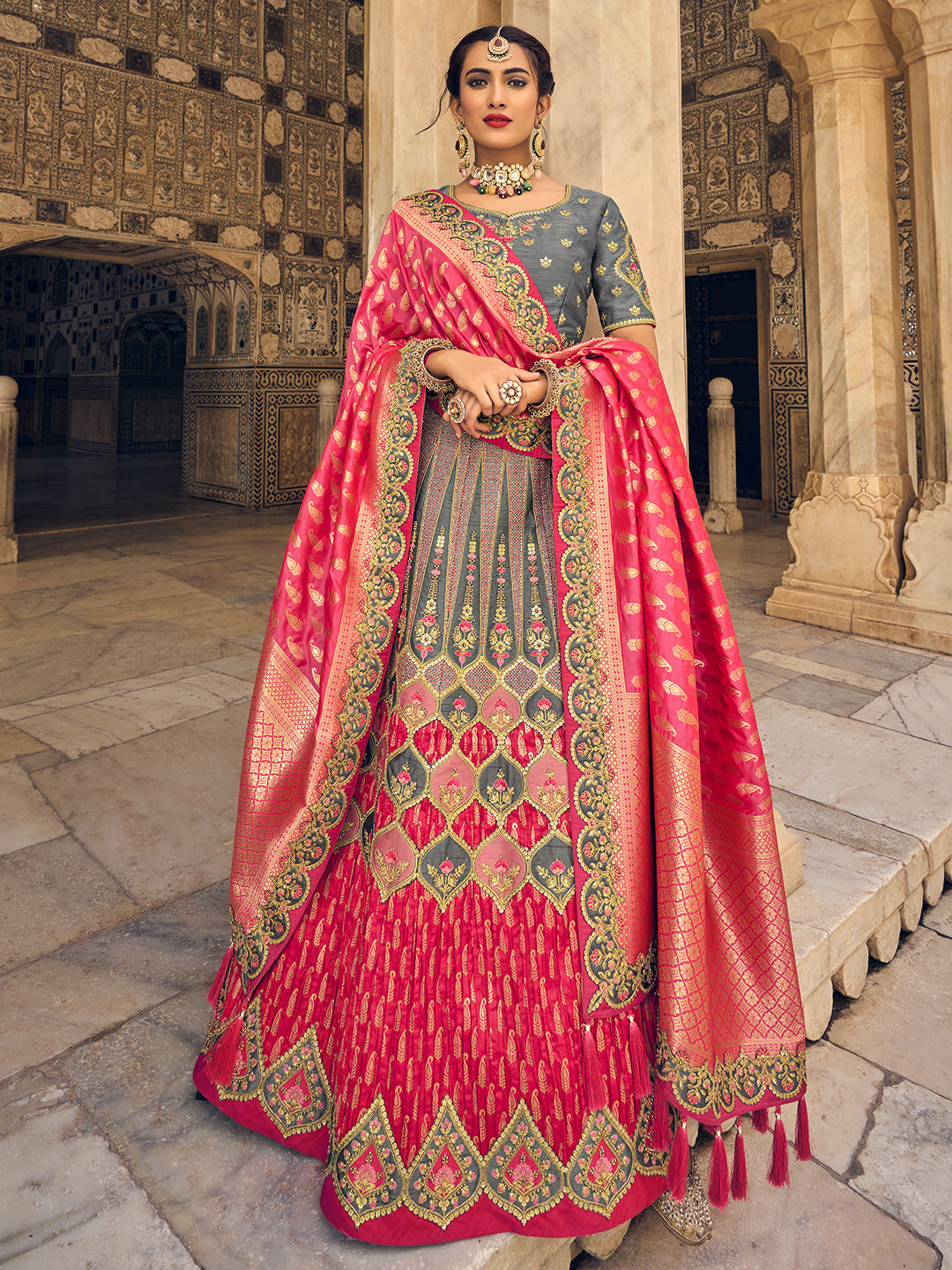 Buy Inddus Grey & Pink Zari Woven Kalidar Made To Measure Lehenga Choli  With Dupatta - Lehenga Choli for Women 8063833 | Myntra