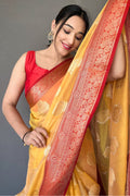 Buy Canary Yellow 3D Floral Embroidered Organza Saree