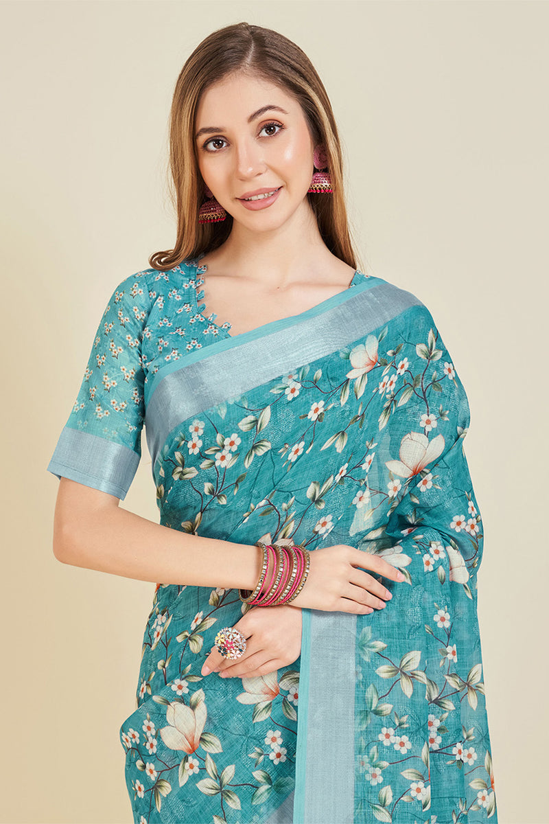 Buy Teal Linen Floral Printed Zari Saree online-Karagiri