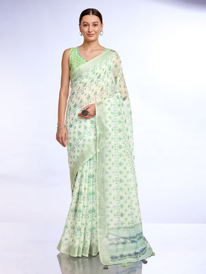 Green Linen Blend Saree With Blouse Piece