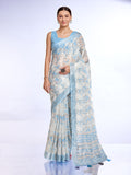 Blue Linen Blend Saree With Blouse Piece