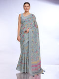 Grey Linen Blend Saree With Blouse Piece