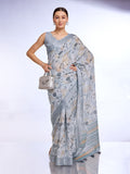 Grey Linen Blend Saree With Blouse Piece