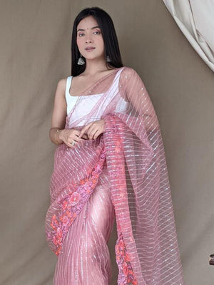 Pink Net Saree With Blouse Piece