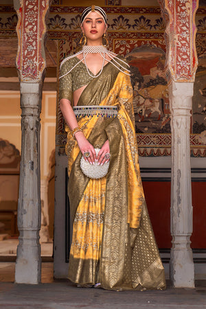 Karagiri Pale Canarry Yellow & Green Printed Patola Silk Saree With Blouse Piece