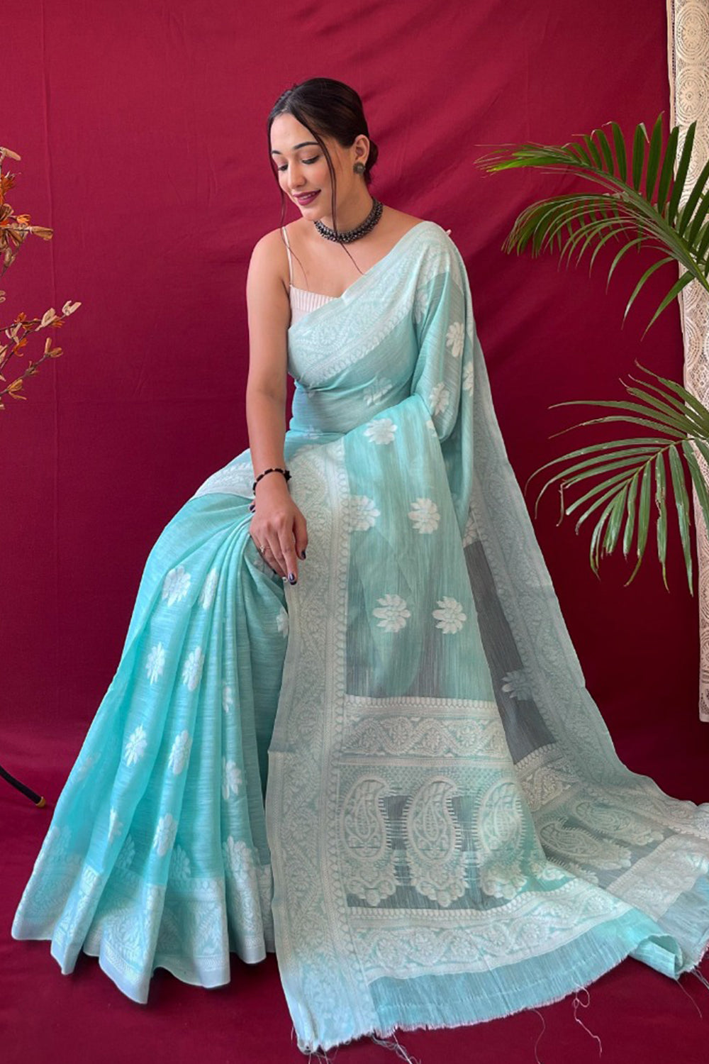 Get the beautiful Sky Blue Linen Saree online-KARAGIRI | LIVE SALE –  Karagiri Global