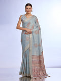 Turquoise Blue Tissue Saree With Blouse Piece