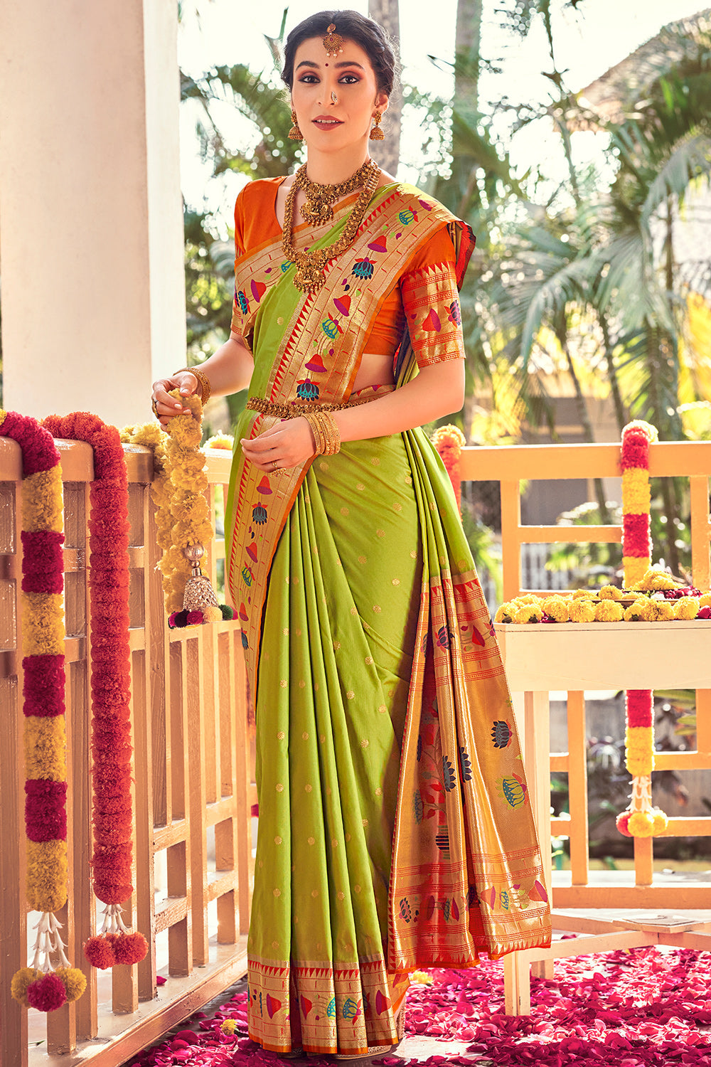 Buy Bright Green Paithani Sari with Peacock Borders at Amazon.in