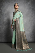 Sea Green Tussar Silk Blend Saree With Blouse Piece