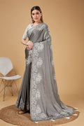 Grey Satin Embroidered Broder Satin Saree