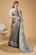 Grey Satin Embroidered Broder Satin Saree