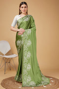 Green Satin Embroidered Broder Satin Saree