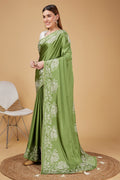 Green Satin Embroidered Broder Satin Saree