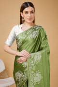 Green Satin Embroidered Broder Satin Saree