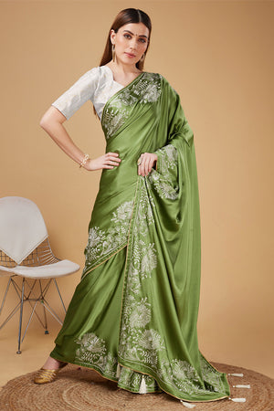 Green Satin Embroidered Broder Satin Saree