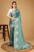 Teal Satin Embroidered Satin Saree