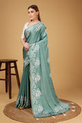 Teal Satin Embroidered Satin Saree