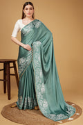 Teal Satin Embroidered Satin Saree