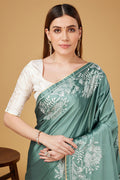 Teal Satin Embroidered Satin Saree