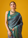 Green Cotton Digital Print Saree With Blouse Piece