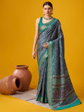 Green Cotton Digital Print Saree With Blouse Piece