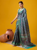 Green Cotton Digital Print Saree With Blouse Piece