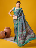 Green Cotton Digital Print Saree With Blouse Piece