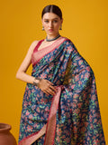 Blue Cotton Digital Print Saree With Blouse Piece