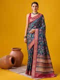 Blue Cotton Digital Print Saree With Blouse Piece