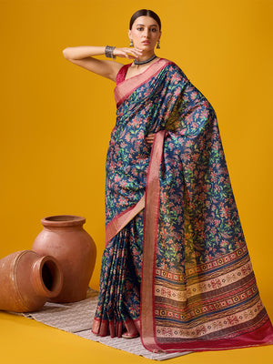 Blue Cotton Digital Print Saree With Blouse Piece