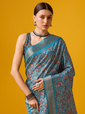 Blue Cotton Digital Print Saree With Blouse Piece