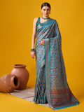 Blue Cotton Digital Print Saree With Blouse Piece