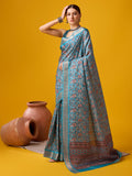 Blue Cotton Digital Print Saree With Blouse Piece