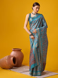 Blue Cotton Digital Print Saree With Blouse Piece