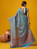 Blue Cotton Digital Print Saree With Blouse Piece