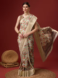 White Cotton Digital Print Saree With Blouse Piece