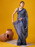 Blue Cotton Digital Print Saree With Blouse Piece