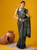 Dark Green Cotton Digital Print Saree With Blouse Piece