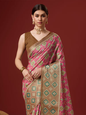 Pink Cotton Digital Print Saree With Blouse Piece