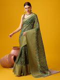 Green Cotton Digital Print Saree With Blouse Piece