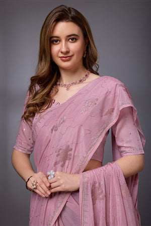 Pink Silk Chiffon Saree With Blouse Piece