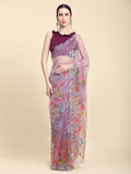 Purple Digital Printed Organza Saree With Satin Burgundy Blouse Piece