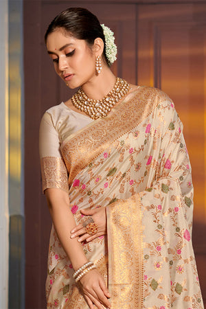 Cream Banarasi Silk Saree With Blouse Piece