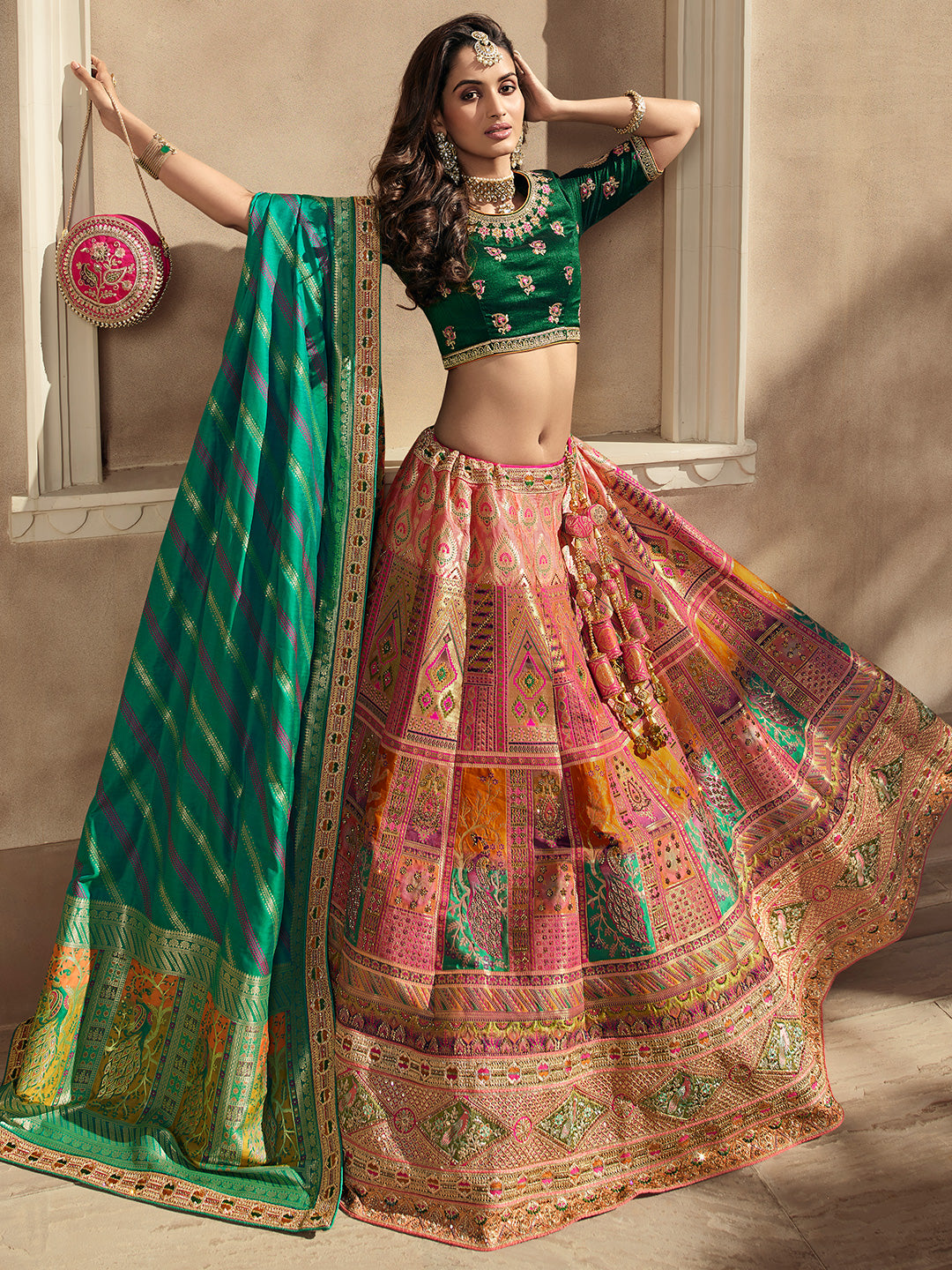 Buy Patch Border Banarasi Silk Lehenga Choli in Green and Pink Online : USA  - Lehenga