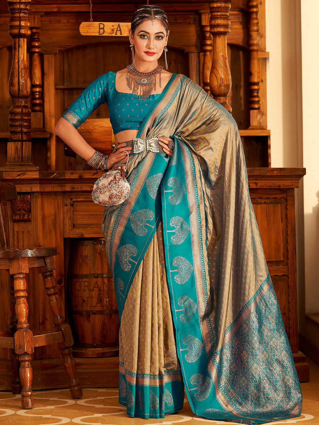 Beige Pure Banarasi Khaddi Georgette Saree - Aura Benaras