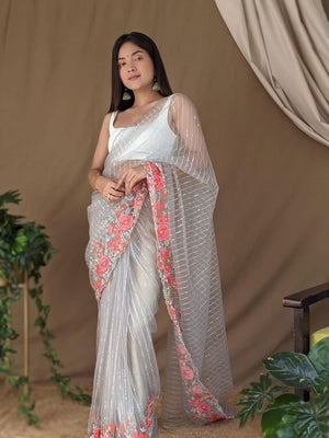 Grey Net Saree With Blouse Piece